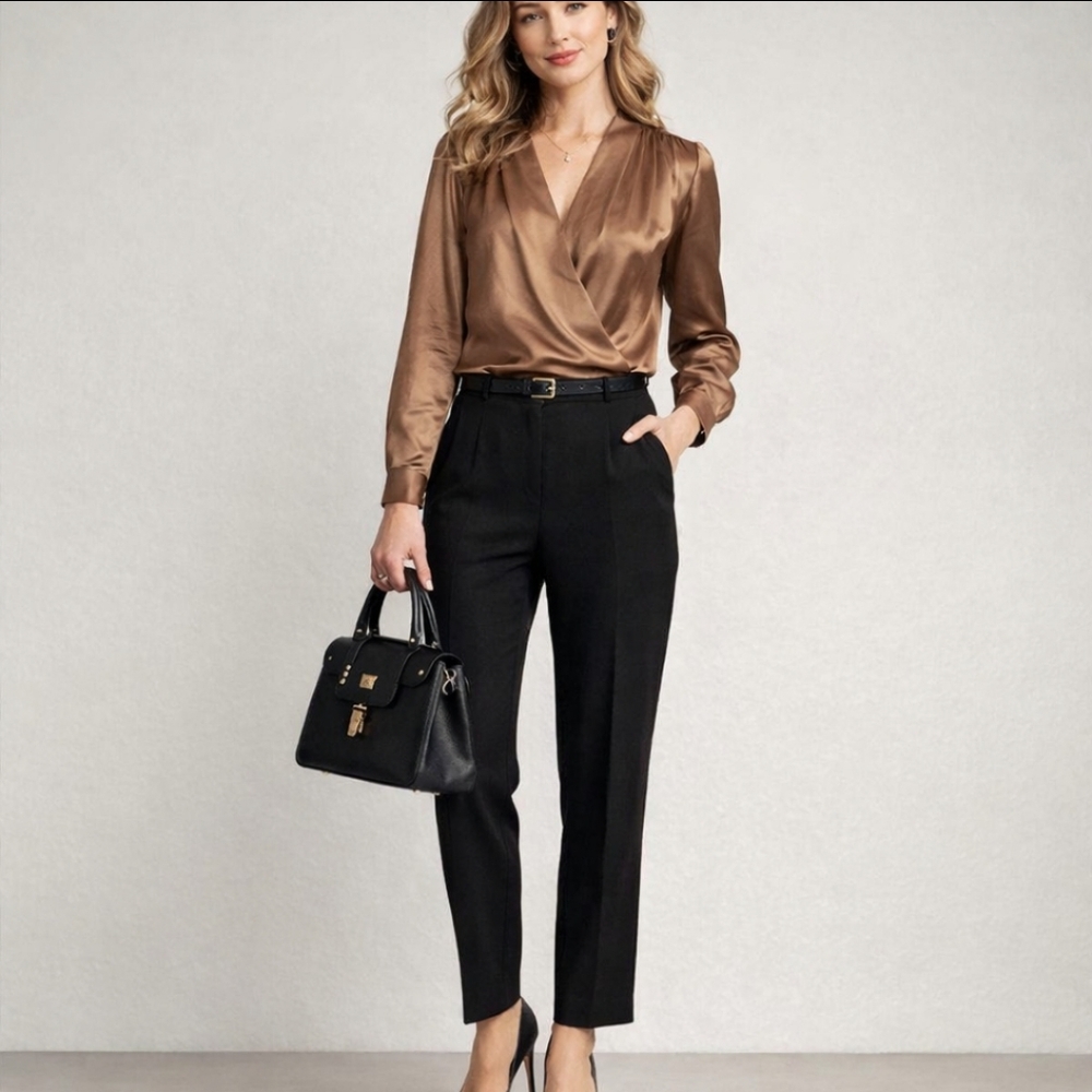 Vintage Jaeger London 80's banded gold/brown crossover  blouse